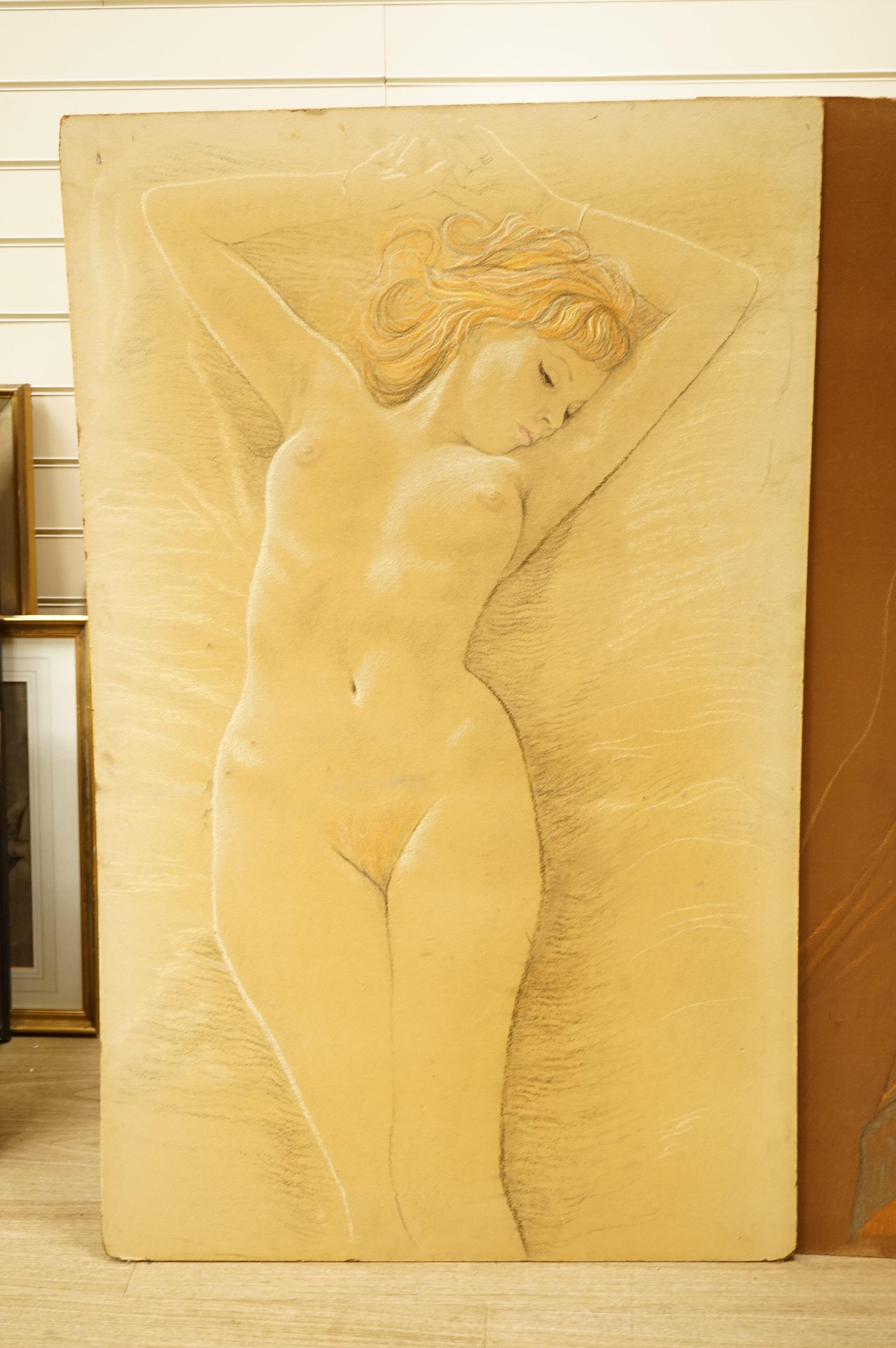 20th century School, Studies of a nude woman and one wearing a Grecian robe, unsigned, pair of pastels on canvas board, 121 x 76cm, unframed